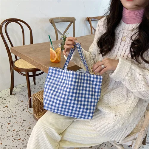 Vista 3 de Joyhey 1 bolsa de lona pequeña a cuadros, bolsa de compras para comestibles, bolsa de playa de 7.9 x 12.6 pulgadas