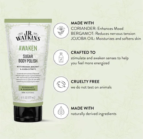 Vista 2 de J.R. Watkins Awaken Sugar Body Polish, exfoliante corporal natural de romero y palo de rosa limpia, suaviza y estimula los sentidos, 6 onzas
