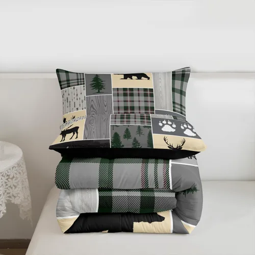 Vista 7 de Juego de edredón de cabaña rústica navideña, juego de ropa de cama estilo rústico con diseño de osos y ciervos, tamaño completo, patchwork Multi 08