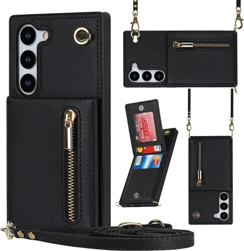 Vista 15 de Funda para teléfono Samsung Galaxy S9 con correa cruzada, tarjetero de cuero, con cordón, ranuras de crédito, cierre magnético, accesorios para Negro