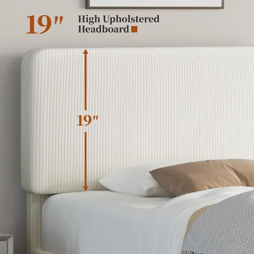 Vista 9 de Yaheetech Estructuras de Cama Individual con Cabecera Ajustable, Cabecera Tapizada de Tela de Chenilla/Cama de Plataforma, Estructura de Cama