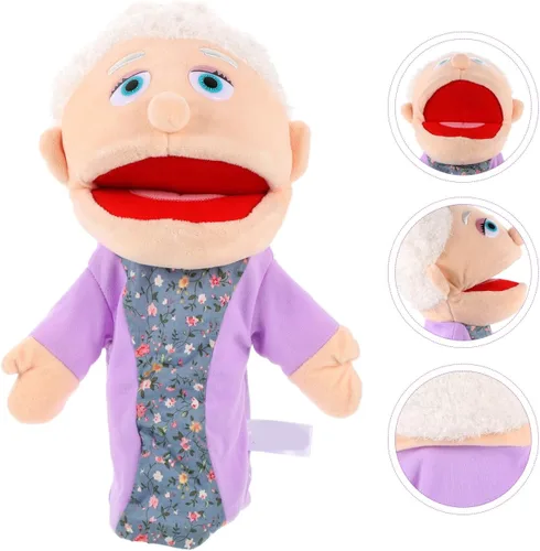Vista 7 de Marioneta de mano para abuela, figura de miembro de la familia con boca móvil, marioneta de mano de felpa, juguetes de simulación, accesorios
