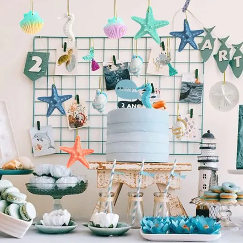 Vista 4 de CCINEE 40 adornos de resina de estrellas de mar, adornos colgantes multicolor con temática de océano de Navidad, conchas de mar con cuerdas