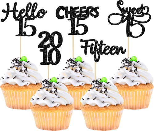 Vista 68 de Gyufise Paquete de 24 adornos negros para cupcakes de 10.º cumpleaños con purpurina negra 10 Ten Hello 10 Dights dobles desde 2015 para decoraciones