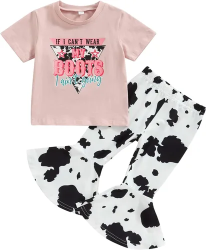 Vista 29 de fhutpw Conjunto de camiseta de manga corta con estampado de vaca y pantalones acampanados de dibujos animados para niñas