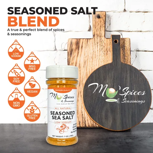 Vista 4 de Mo'Spices & Seasonings - Sal marina sazonada, baja en sodio, multiusos - Botella de 8 onzas