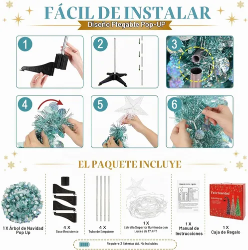 Vista 4 de Árbol de Navidad desplegable de 5 pies con estrella superior iluminada, azul aguamarina Aqua Blue