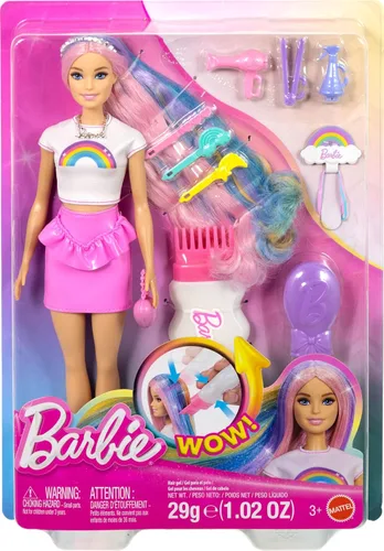 Vista 7 de Barbie Rainbow Sparkle - Muñeca para el cabello, extra larga y colorida con 12 accesorios de peinado como tubo de purpurina, cepillo, clips, secador