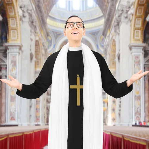 Vista 4 de Jiuguva Disfraz de sacerdote de 3 piezas para hombres adultos, disfraz de sacerdote de Halloween con bata de padre, estola blanca, cruz de monje