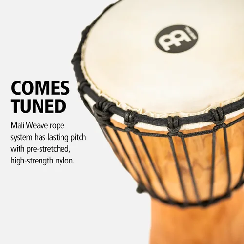Vista 4 de Instrumento de círculo de tambor de mano Djembe, Serie Headliner de caoba tallada — NO HECHO EN CHINA — Cuerdas de tejido africano Mali