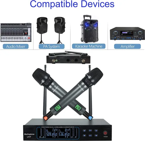 Vista 8 de Berlingtone - Sistema de micrófono inalámbrico, 2 micrófonos dinámicos de mano, 120 canales de frecuencia ajustables, funda de metal y micrófono