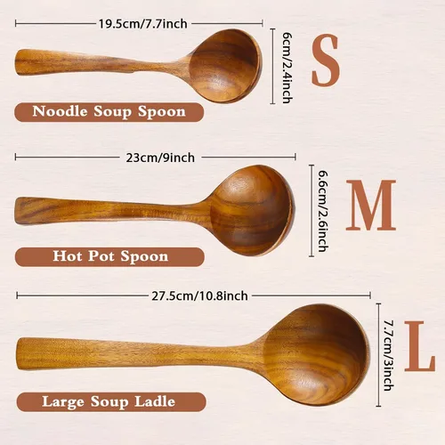 Vista 2 de Cucharón de madera de 3 tamaños, cucharas de madera para cocinar, cucharón de madera para sopa, teca natural, cuchara de madera antiadherente