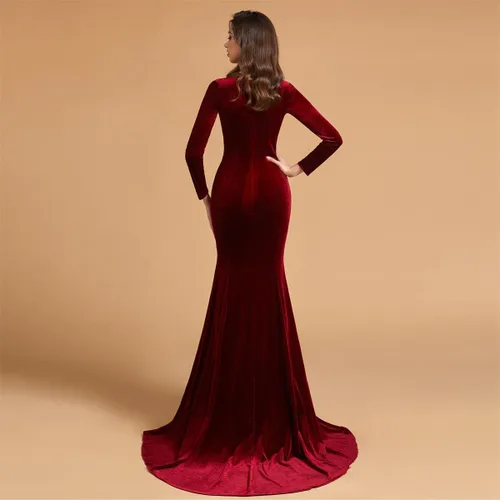 Vista 5 de Joya Cuello Terciopelo Manga Larga Vestidos de baile de Noche Vestidos de Fiesta de Tren Corte de Sirena Vestidos de Fiesta Formal Cremallera Atrás