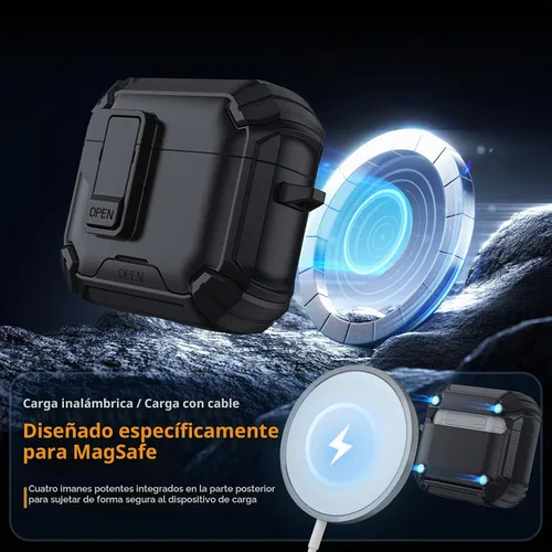 Vista 4 de Meliya Funda para AirPods 4, viene con soporte para teléfono y función MagSafe, funda rígida de protección completa automática emergente con bloqueo