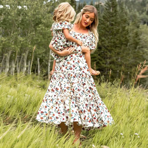 Vista 3 de Vestidos para mamá e hija, sin mangas, tirantes delgados, a cuadros, floral, a la rodilla, para playa, bohemio, para mamá, hija, trajes a juego