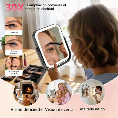 Vista 8 de FUNTOUCH Espejo de aumento de viaje 30X/1X con luz, negro