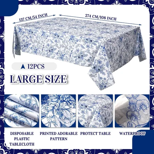 Vista 2 de Ganeen Mantel de plástico con flores azules, 12 unidades, diseño floral, vintage, desechable, rectangular, de plástico, 54 x 108 pulgadas