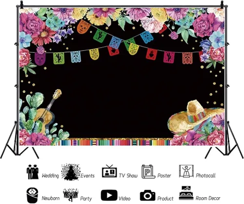 Vista 3 de Fondo de fiesta de poliéster de 5 x 3 pies para fotografía, cumpleaños mexicano, verano, fiesta en la piscina, fondo de flores para fiesta, Cinco