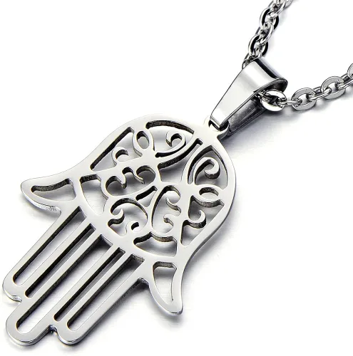Vista 2 de COOLSTEELANDBEYOND Hamsa - Collar colgante de mano de Fátima de acero inoxidable con cadena de 20 pulgadas