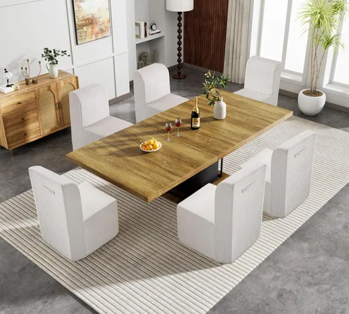 Vista 16 de Juego de mesa de comedor extensible marrón de 9 piezas para 8, 63 a 78.74 pulgadas, juego de mesa de cocina y comedor, mesa de comedor extensible
