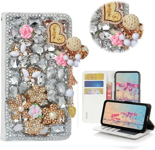 Vista 10 de Bling - Funda tipo cartera para teléfono compatible con Samsung Galaxy Z Fold 3 5G, elegante, hecha a mano, atrapasueños con colgante de perlas