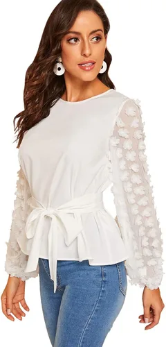 Vista 6 de Romwe Blusa de malla bordada con manga floral y cinturón para mujer