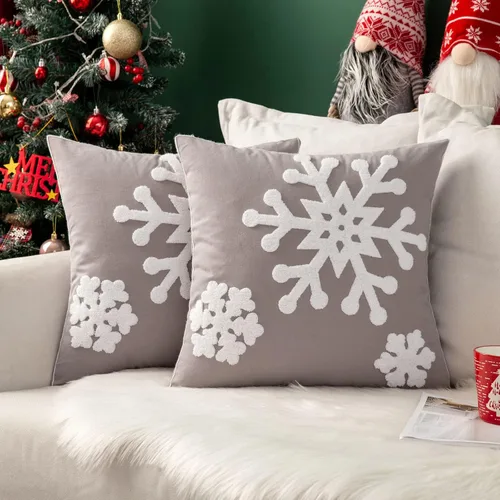 Vista 7 de MIULEE Paquete de 2 fundas de almohada decorativas de Navidad con diseño de copo de nieve, fundas de almohada de lona con bordado de invierno