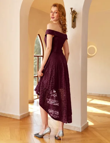 Vista 5 de HomRain - Vestido elegante con encaje floral para mujer, con hombros descubiertos y dobladillo asimétrico, para bodas, cócteles y fiestas