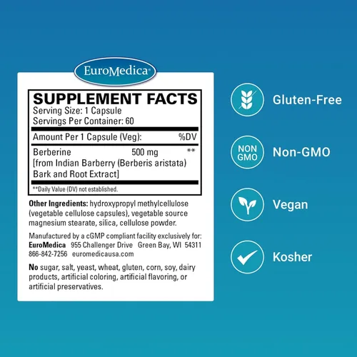Vista 2 de EuroMedica Berberina 500 mg - Suplemento de apoyo a la salud cerebral y hepática - Suplemento dietético con extracto de raíz de agracejo indio