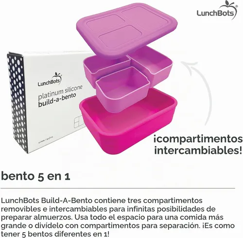 Vista 5 de LunchBots Build a Bento - Lonchera dividida de silicona platino de 28 onzas, color azul Azul solido