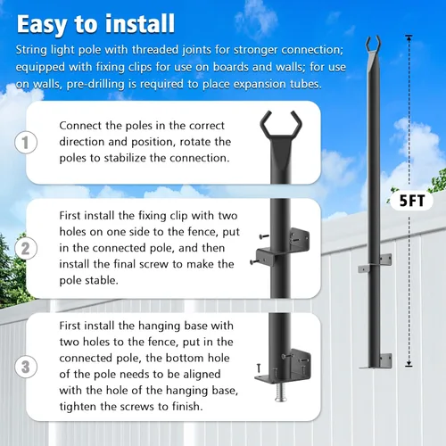 Vista 7 de Paquete de 2 postes para luces de cadena, postes para luces de cadena de 5 pies para exteriores con clips de fijación, postes de metal para luces