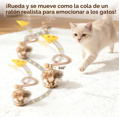 Vista 3 de Migipaws MigiMouse - Juguete interactivo para gatos de 360° con cola de plástico de malla para gatos de interior, sensor de movimiento inteligente