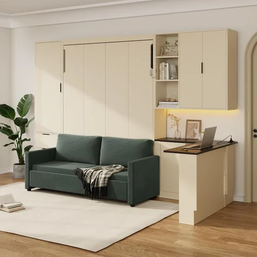 Vista 3 de Cama Murphy de Pared Tamaño Queen con Escritorio en Forma de L, Sofá de 2 Asientos y Luz, Marco de Cama Murphy Tradicional de Madera Maciza