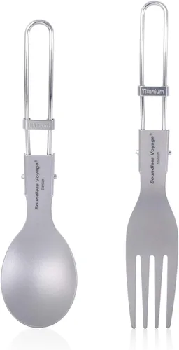 Vista 13 de iBasingo Cuchillo de tenedor de titanio con mango plegable, utensilios de vajilla ultraligeros para camping, picnic al aire libre, senderismo