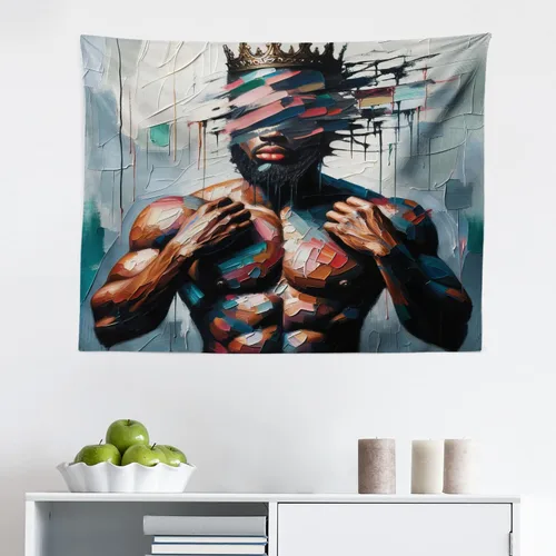 Vista 2 de Ambesonne Tapiz de arte afro, hombre negro fuerte con una corona de trazos impresión de pintura moderna, decoración de tela para colgar en la pared