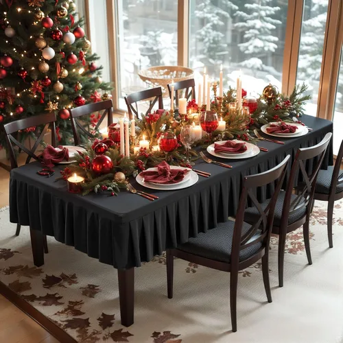Vista 6 de Mantel de elastano negro para mesas rectangulares de 4 pies, mantel elástico ajustable con falda plisada con volantes para mesa de 48 x 24 pulgadas