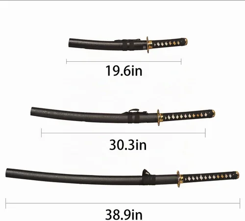 Vista 2 de FullTang Iaido Samurai - Juego de 3 piezas de espadas samurai japonesas con soporte de exhibición, vaina grabada, acero al carbono medio 1045, Hoja