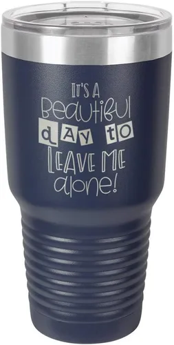 Vista 18 de Taza de viaje de acero con recubrimiento de polvo grabado por láser con grabado «It 'S A BEAUTIFUL DAY TO LEAVE ME ALONE» de 325 ml con campana