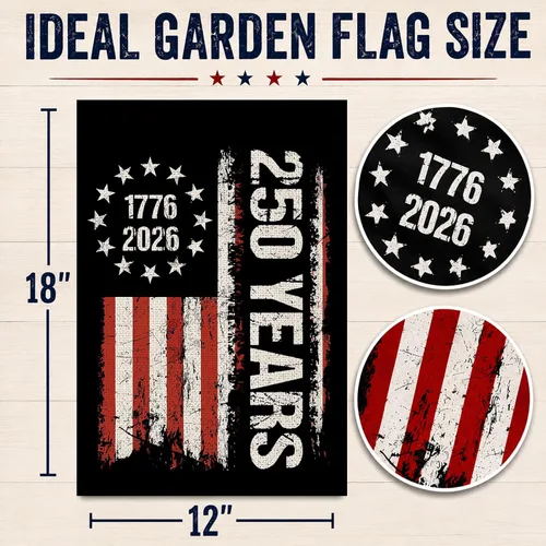 Vista 4 de Bandera de jardín de 250 años de América, Bendiciones 250° aniversario USA Bandera patriótica doble cara con diseño de estrellas y rayas