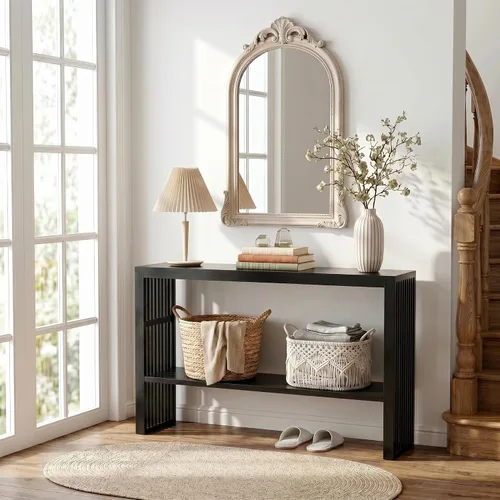 Vista 4 de Mesa consola estrecha de bambú de 47.2 pulgadas, mesa auxiliar de granja de 2 niveles, mesa de entrada rectangular, moderna mesa de sofá detrás