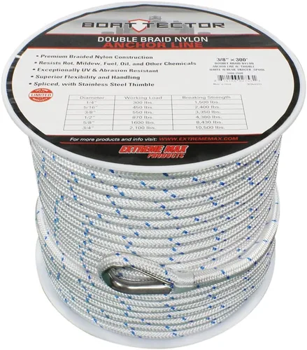Vista 14 de Extreme Max 3006.2514 BoatTector - Línea de anclaje de nailon con doble trenza con dedal, 1/2" x 150', color blanco con trazador azul Blanco con azul