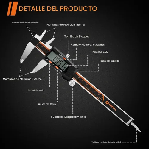 Vista 2 de HARDELL Calibrador Digital de 6 Pulgadas con Pantalla LCD Grande, Herramienta de Medición de Calibradores con Función de Apagado Automático