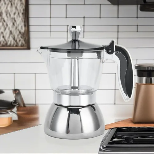 Vista 5 de Fdit Cafetera de acero inoxidable, olla octogonal para estufa, diseño transparente, capacidad de 6.8 fl oz, acrílico y acero inoxidable