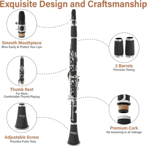 Vista 3 de Mendini by Cecilio Clarinete plano B para principiantes, clarinete Ebonite Bb con 2 barriles reemplazables, 10 cañas, soporte, bolsillo, boquilla