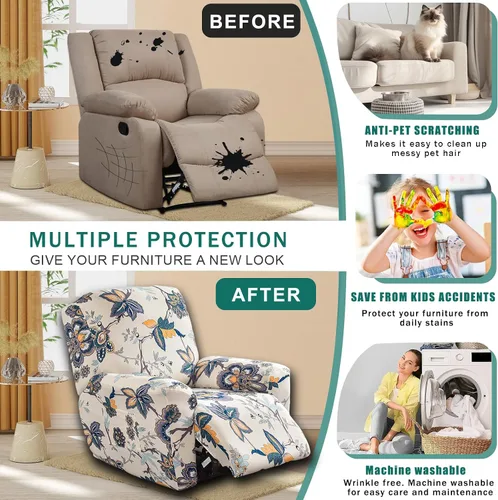 Vista 4 de NILUOH Funda para sillón reclinable, 4 piezas, elástica, estampada, con bolsillo lateral, funda para sofá reclinable, antideslizante, ajustable, 16