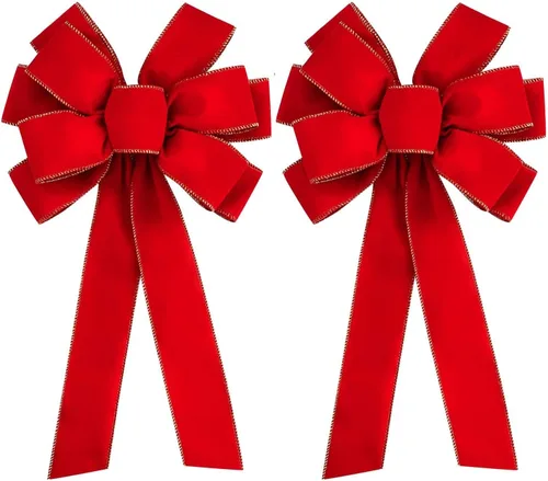 Vista 13 de Iceyyyy 2 lazos grandes de Navidad, 35.4 x 17.1 pulgadas, lazos de terciopelo rojo con bordes dorados, adornos para decoración de árbol de Navidad