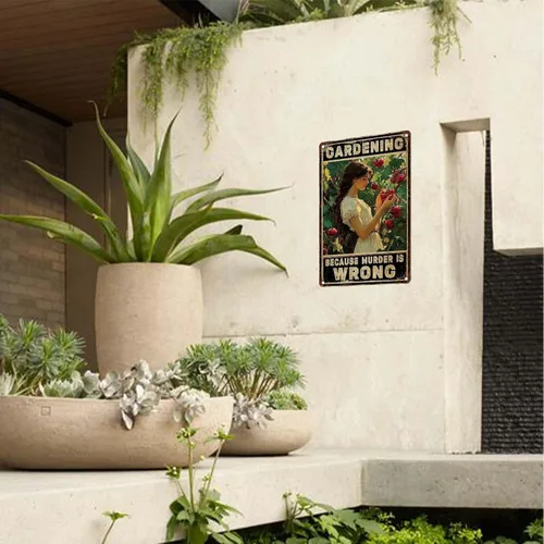 Vista 5 de Letrero de Hogar de Jardín de Hoja de Estaño Jardinería Porque el Asesinato es Malo Carteles de Metal Retro Cartel de Estaño para Hogar Patio Jardín