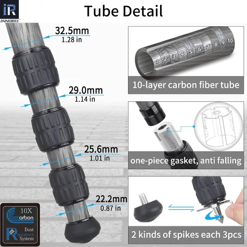 Vista 3 de Trípode de Fibra de Carbono - INNOREL RT85C Sin Rótula Cabeza de Bola Súper Profesional Trípode Monopié Soporte de Resistencia para Cámara DSLR Negro