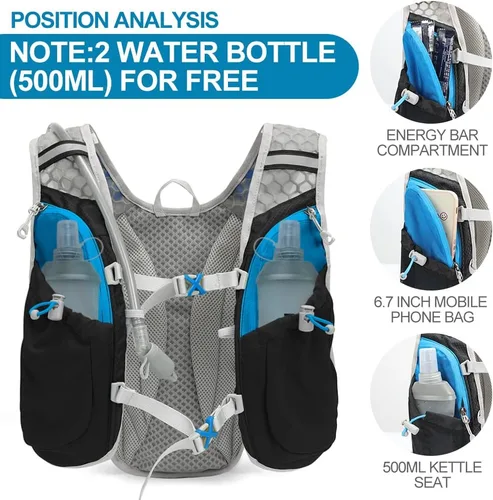 Vista 5 de IX INOXTO - Mochila de hidratación para correr con bolsa de agua de 1.5 litros (50 onzas) para hombres y mujeres, mochila de agua ligera