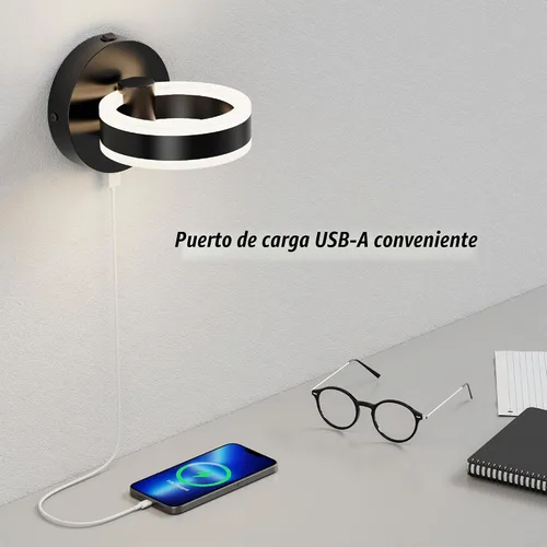Vista 5 de Apliques de pared LED con interruptor de encendido/apagado, luminarias de pared giratorias cableadas de color negro mate, puerto de carga USB